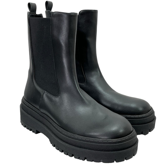 Good American NEW Faux Leather Pull-On Platform Lug-Sole Chelsea Boots Black 9 - Picture 2 of 15